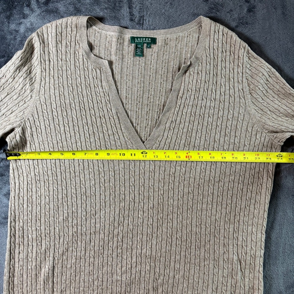Lauren Ralph Lauren Womens‎ 3X Tan Silk Cashmere Cable Knit Deep V-Neck Sweater - Picture 5 of 10